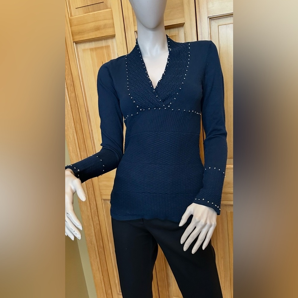 Cache Blue Mixed Knit Design with Silver Bead Trim V-Neck Sweater – Size S #15